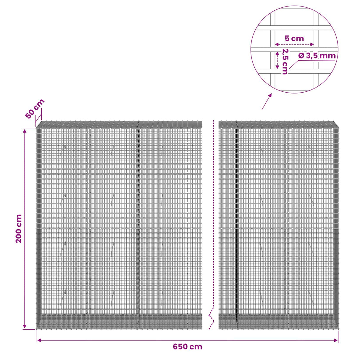 Γκαμπιόν με σύρμα 3,5 χλστ και πλέγμα 5x2,5 εκ 650x50x200 εκ - Pakobazaar