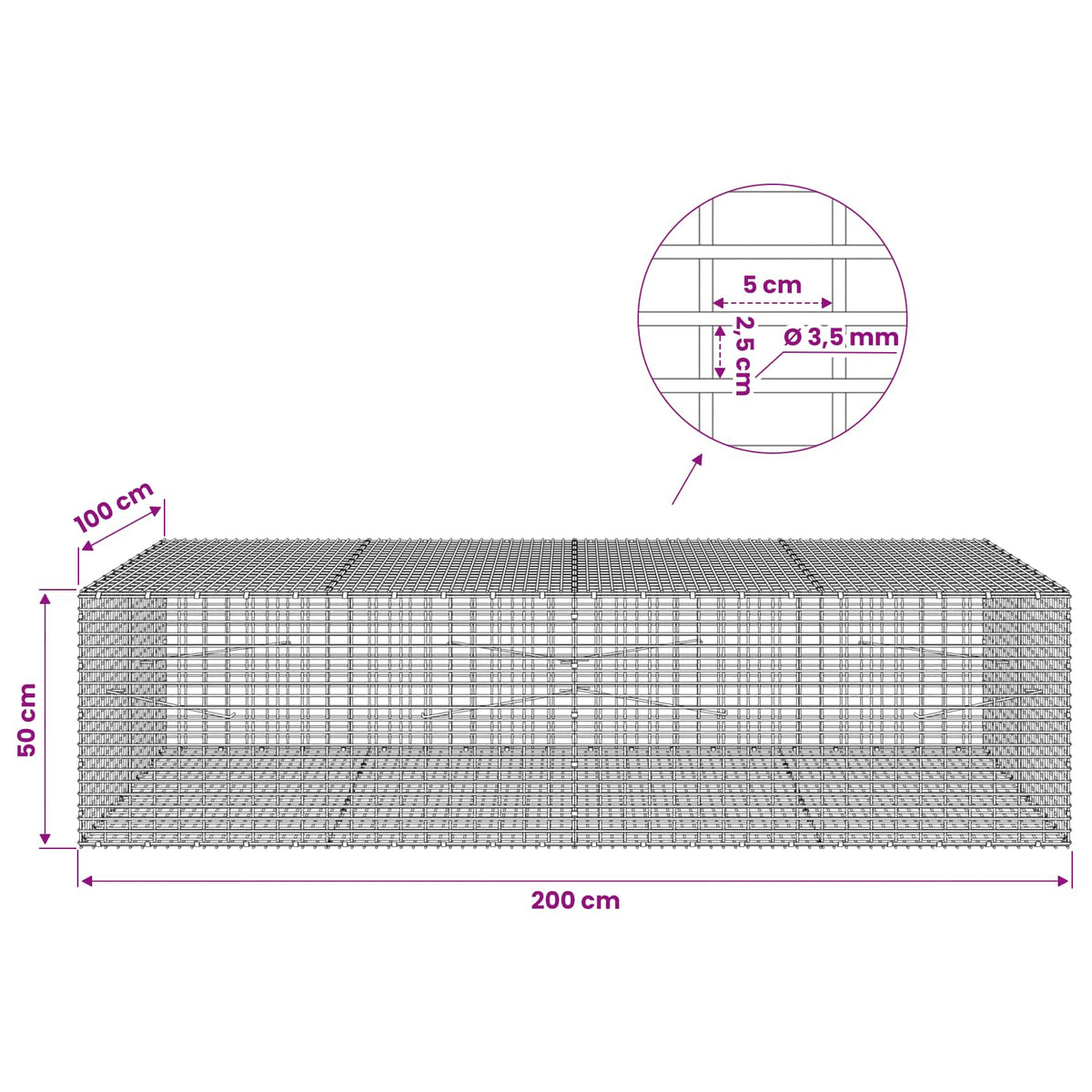 Γκαμπιόν με σύρμα 3,5 χλστ και πλέγμα 5x2,5 εκ 200x100x50 εκ - Pakobazaar