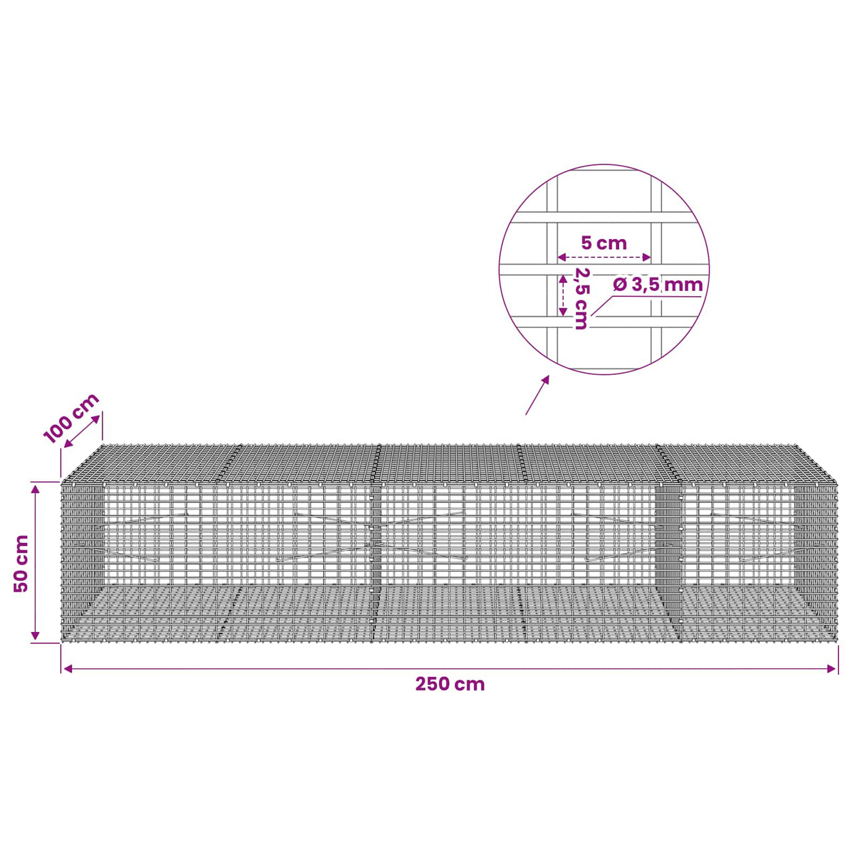 Γκαμπιόν με σύρμα 3,5 χλστ και πλέγμα 5x2,5 εκ 250x100x50 εκ.