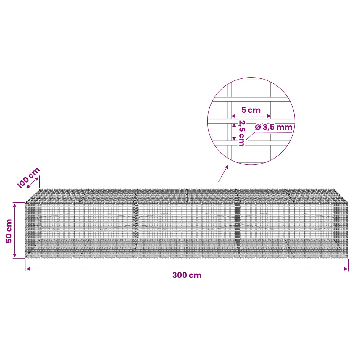 Γκαμπιόν με σύρμα 3,5 χλστ και πλέγμα 5x2,5 εκ 300x100x50 εκ - Pakobazaar