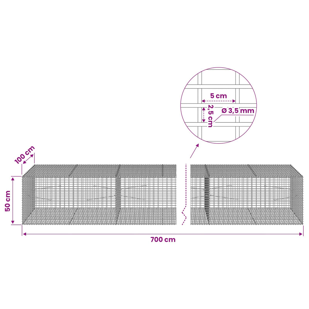 Γκαμπιόν με σύρμα 3,5 χλστ και πλέγμα 5x2,5 εκ 700x100x50 εκ.