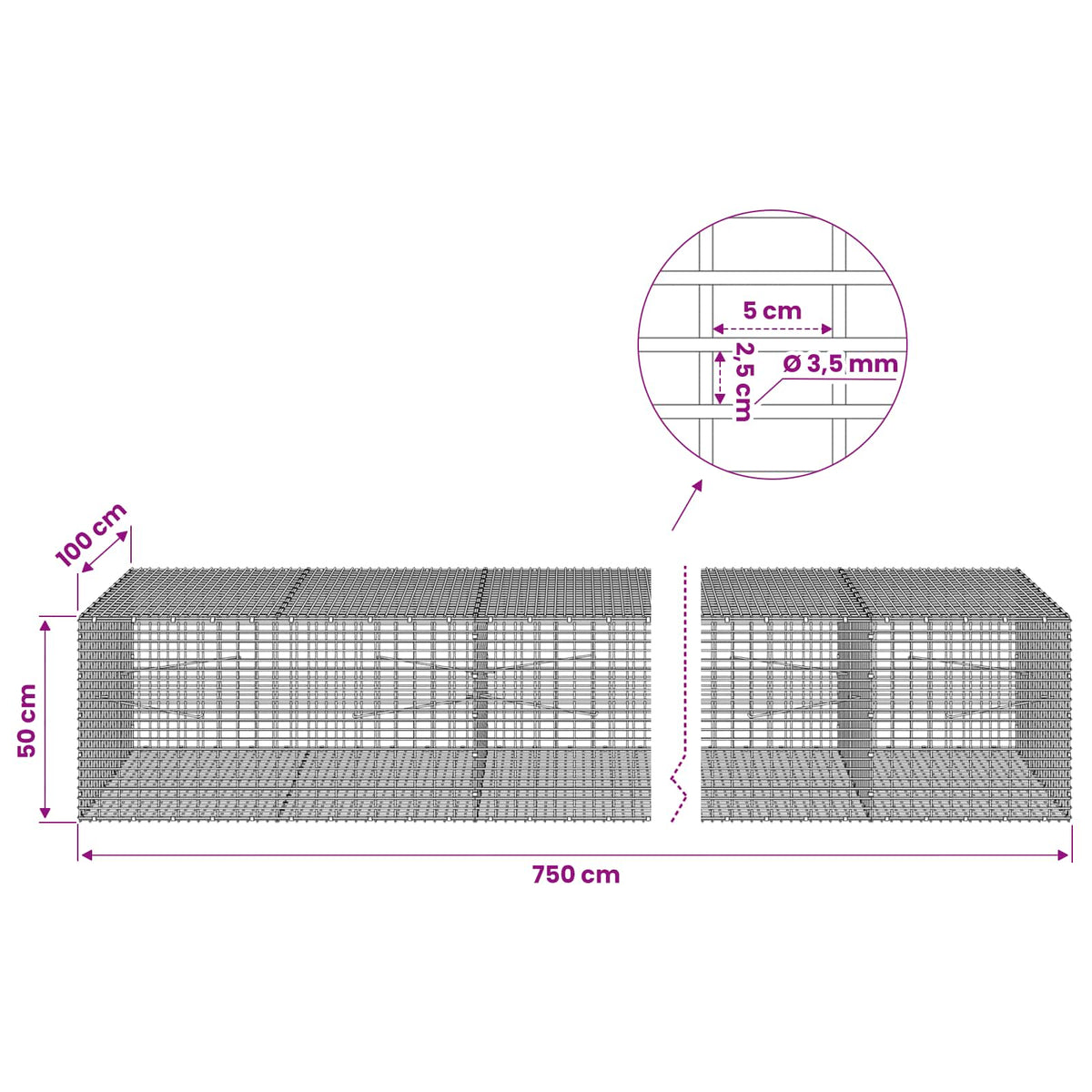 Γκαμπιόν με σύρμα 3,5 χλστ και πλέγμα 5x2,5 εκ 750x100x50 εκ