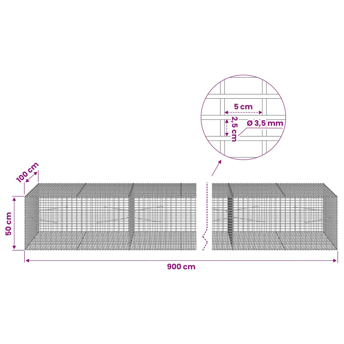 Γκαμπιόν με σύρμα 3,5 χλστ και πλέγμα 5x2,5 εκ 900x100x50 εκ. - Pakobazaar