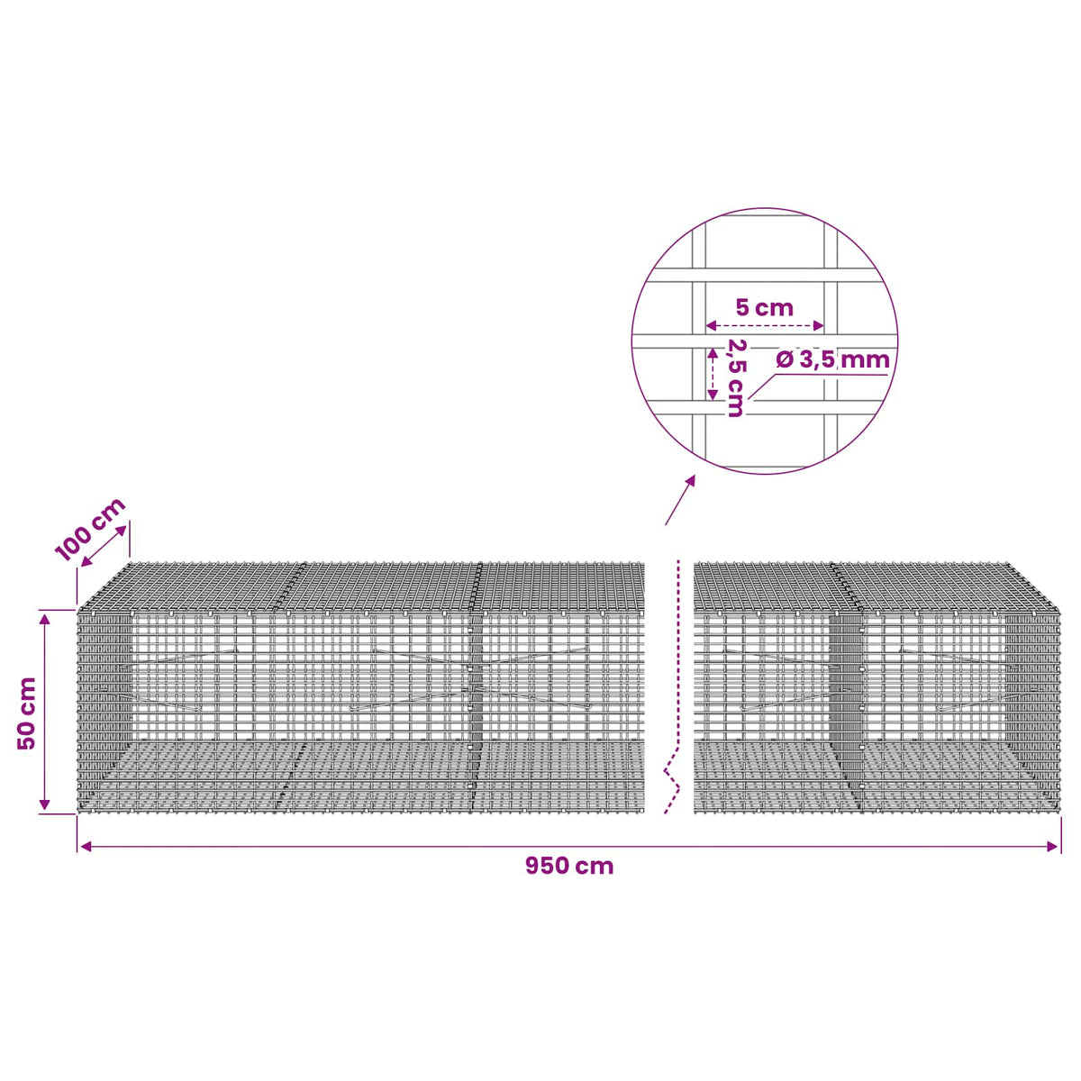 Γκαμπιόν με σύρμα 3,5 χλστ και πλέγμα 5x2,5 εκ 950x100x50 εκ - Pakobazaar