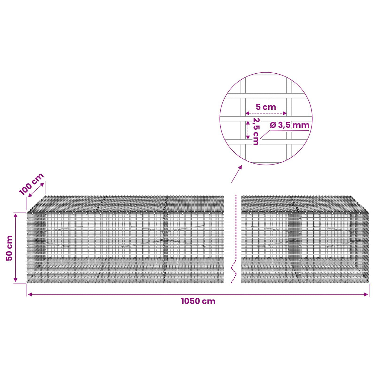Γκαμπιόν με σύρμα 3,5 χλστ και πλέγμα 5x2,5 εκ 1050x100x50 εκ.