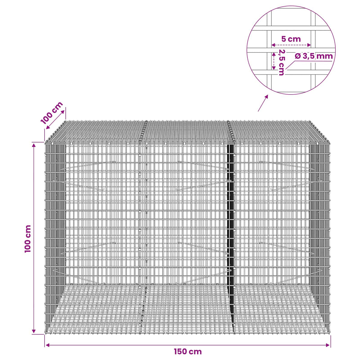 Γκαμπιόν με σύρμα 3,5 χλστ και πλέγμα 5x2,5 εκ 150x100x100 εκ.
