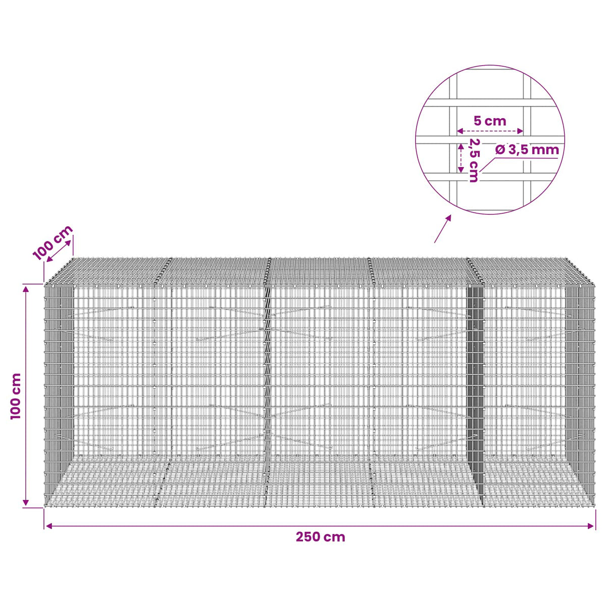 Γκαμπιόν με σύρμα 3,5 χλστ και πλέγμα 5x2,5 εκ 250x100x100 εκ. - Pakobazaar