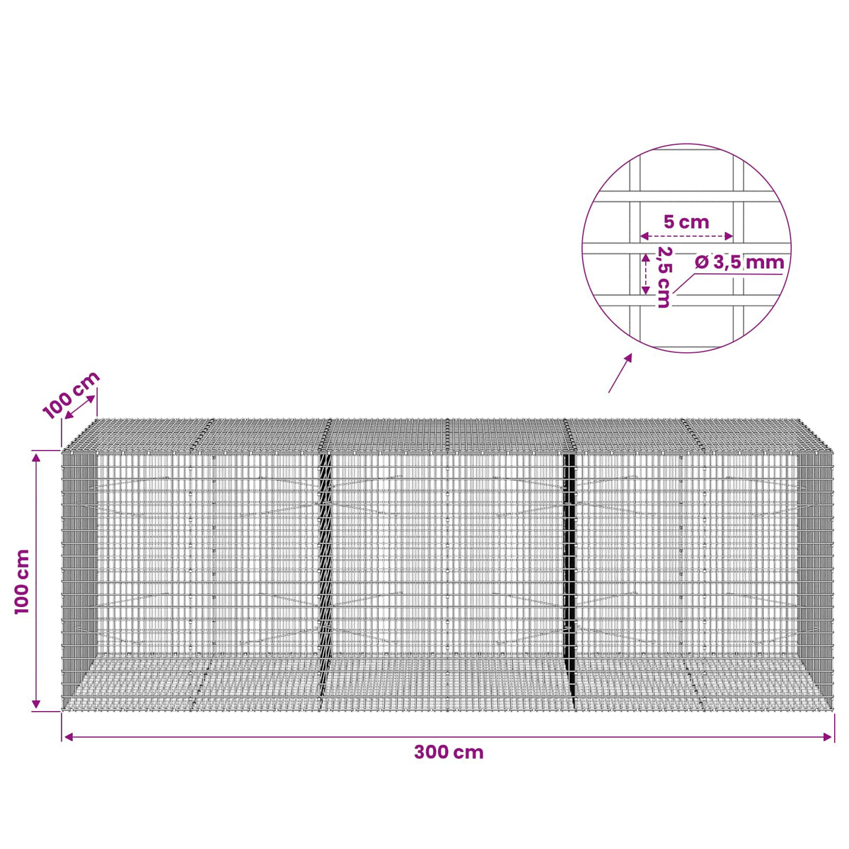 Γκαμπιόν με σύρμα 3,5 χλστ και πλέγμα 5x2,5 εκ 300x100x100 εκ.