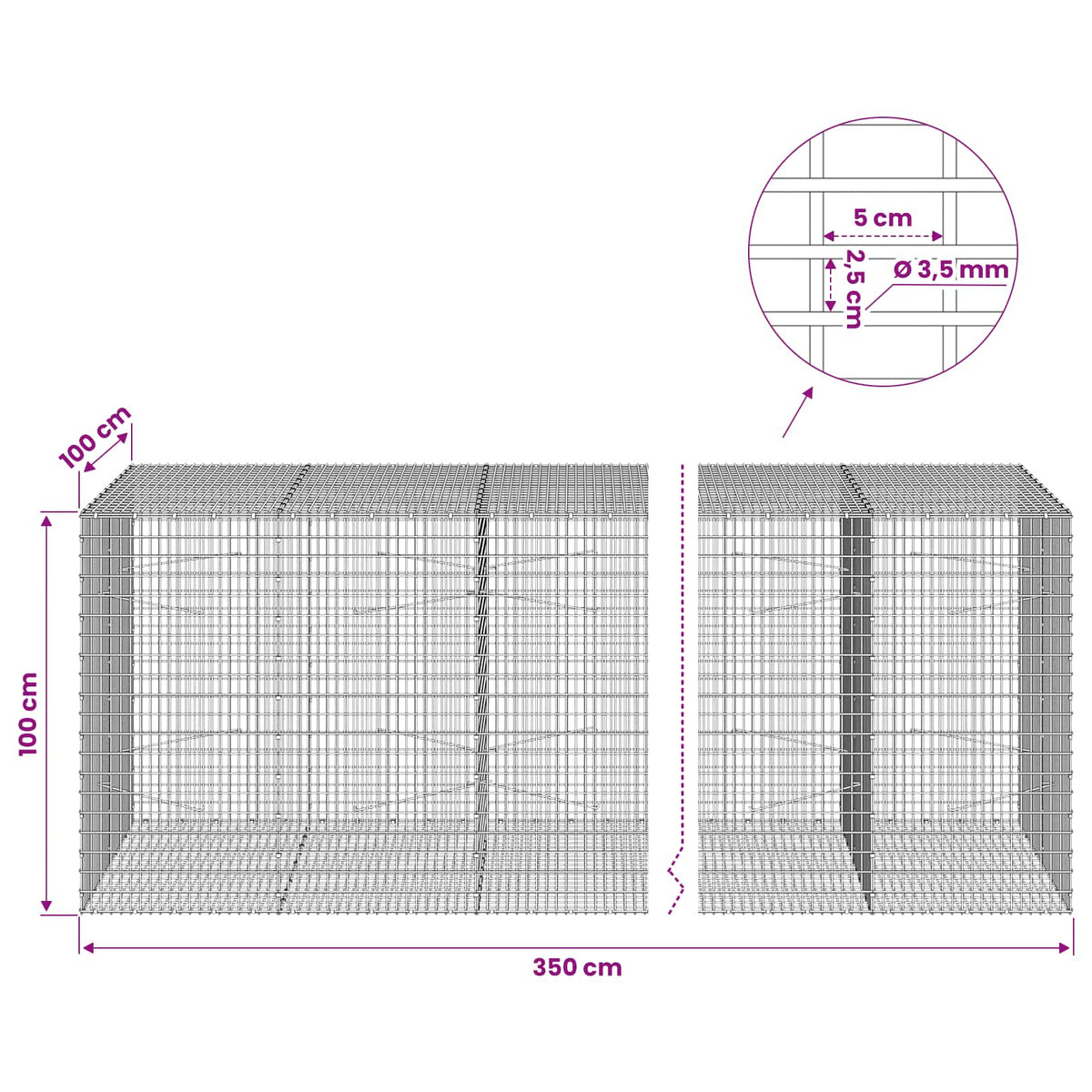 Γκαμπιόν με σύρμα 3,5 χλστ και πλέγμα 5x2,5 εκ 350x100x100 εκ.