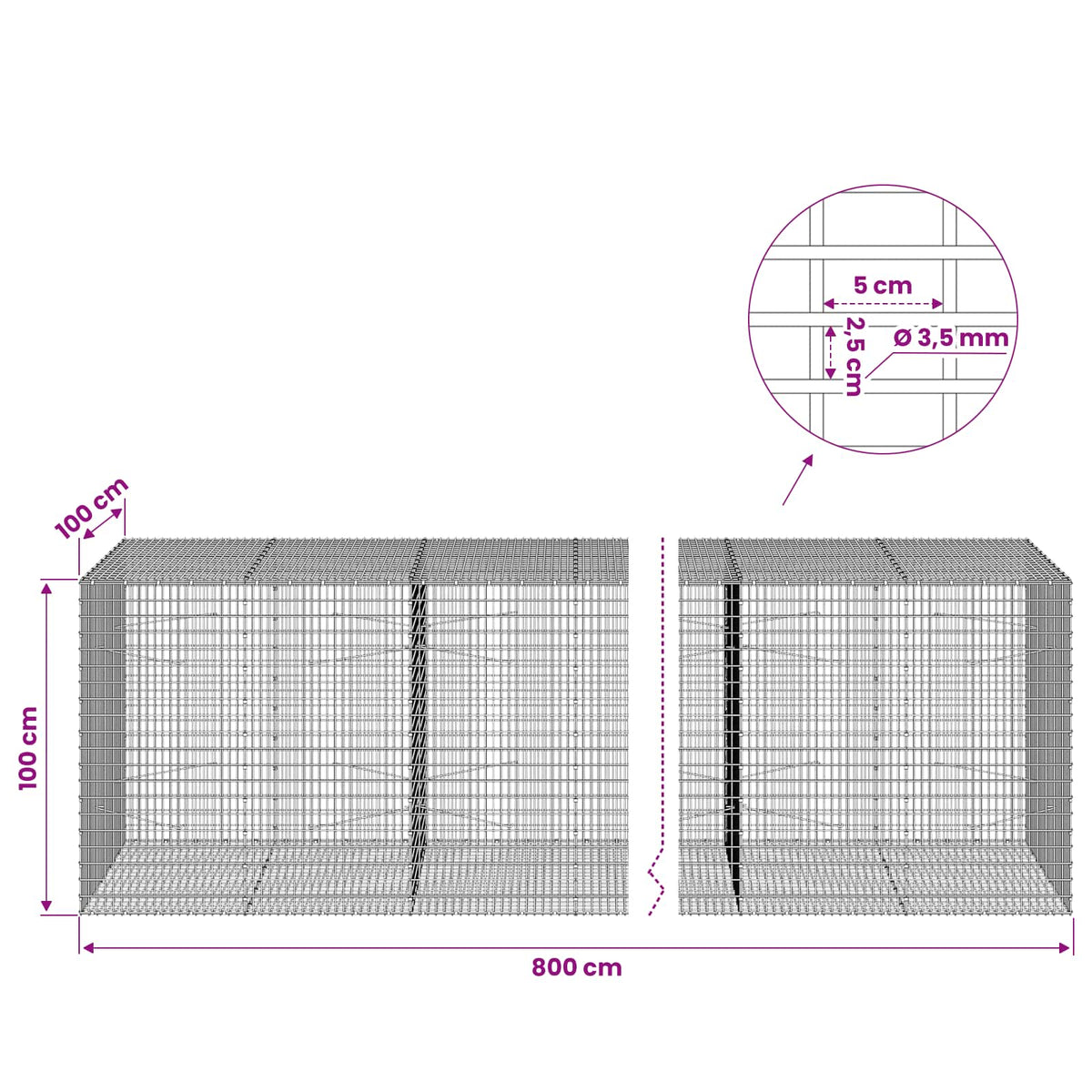 Γκαμπιόν με σύρμα 3,5 χλστ και πλέγμα 5x2,5 εκ 800x100x100 εκ.