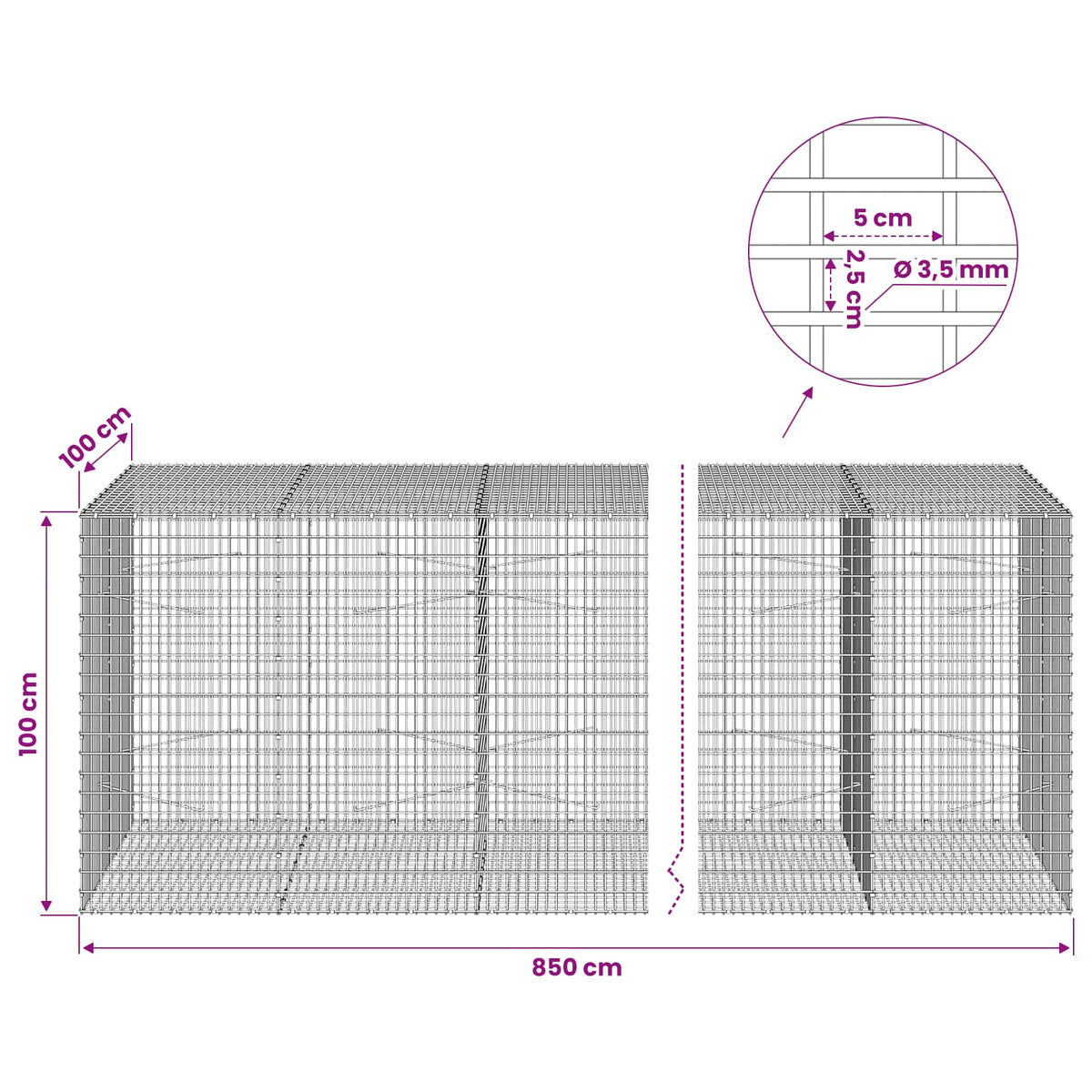 Γκαμπιόν με σύρμα 3,5 χλστ και πλέγμα 5x2,5 εκ 850x100x100 εκ - Pakobazaar
