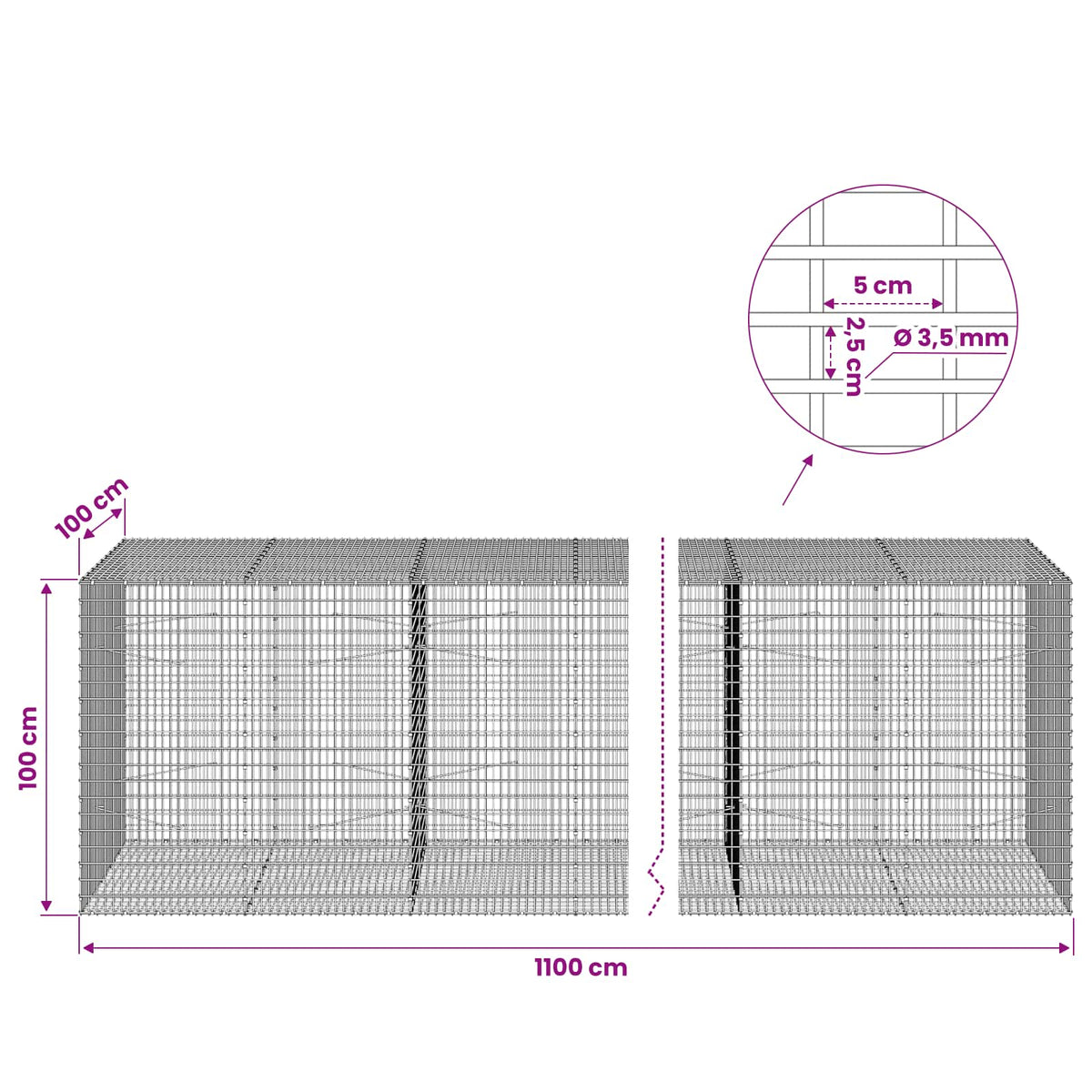 Γκαμπιόν με σύρμα 3,5 χλστ και πλέγμα 5x2,5 εκ 1100x100x100 εκ