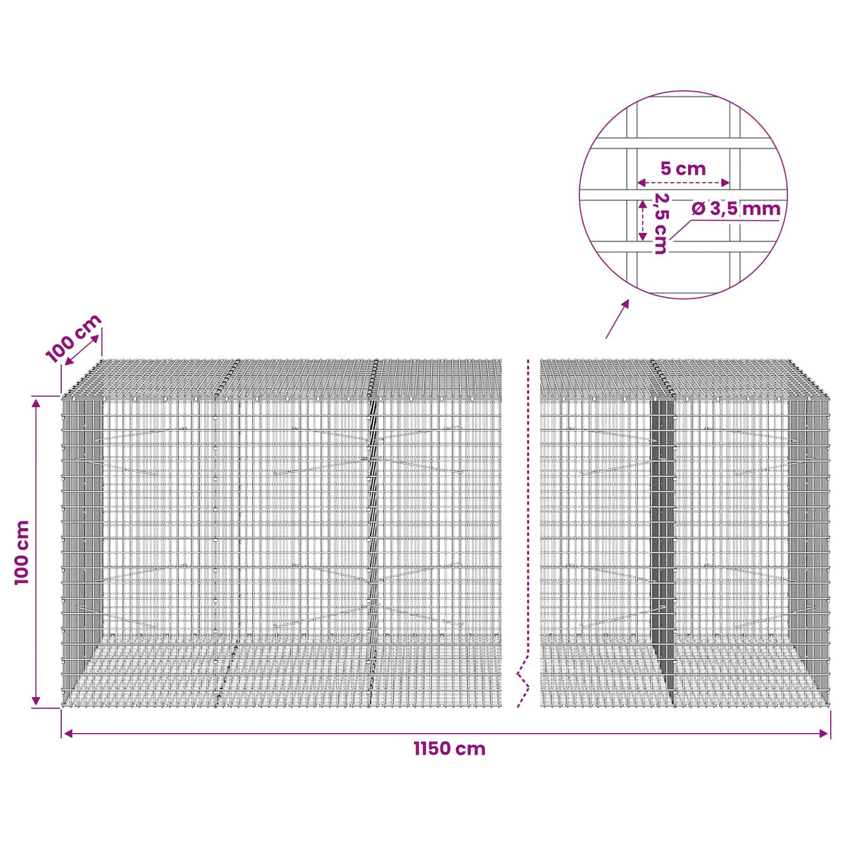 Γκαμπιόν με σύρμα 3,5 χλστ και πλέγμα 5x2,5 εκ 1150x100x100 εκ. - Pakobazaar