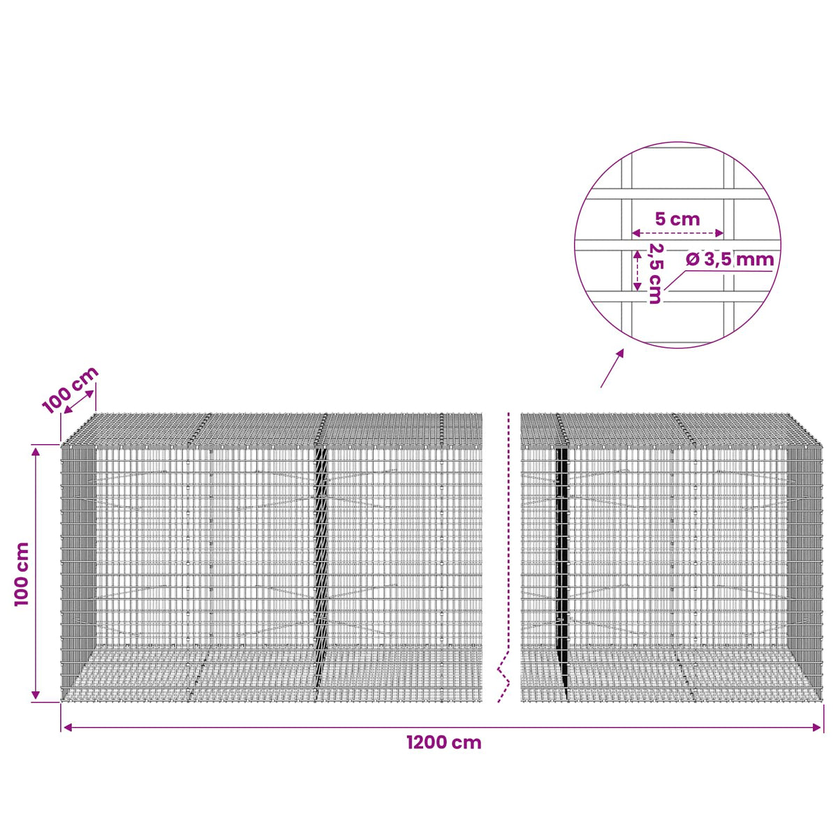 Γκαμπιόν με σύρμα 3,5 χλστ και πλέγμα 5x2,5 εκ 1200x100x100 εκ - Pakobazaar