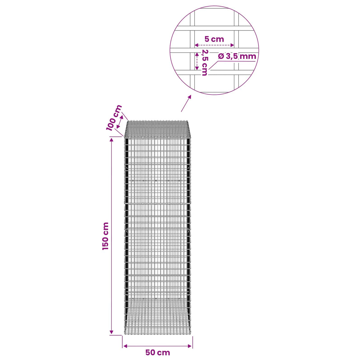 Γκαμπιόν με σύρμα 3,5 χλστ και πλέγμα 5x2,5 εκ 50x100x150 εκ. - Pakobazaar