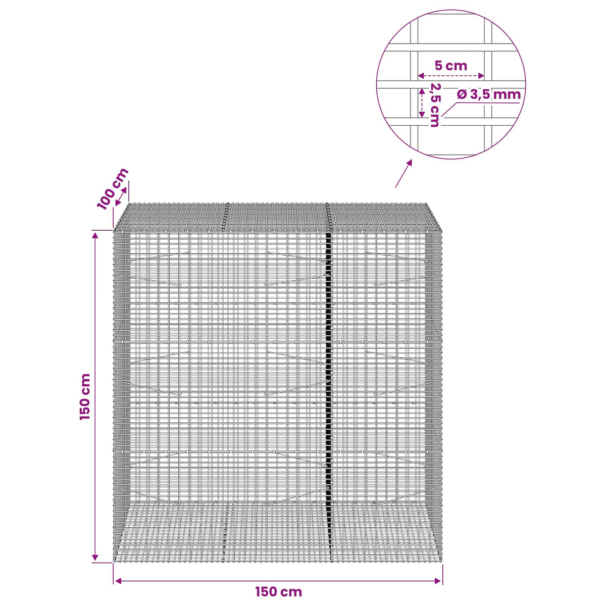 Γκαμπιόν με σύρμα 3,5 χλστ και πλέγμα 5x2,5 εκ 150x100x150 εκ. - Pakobazaar