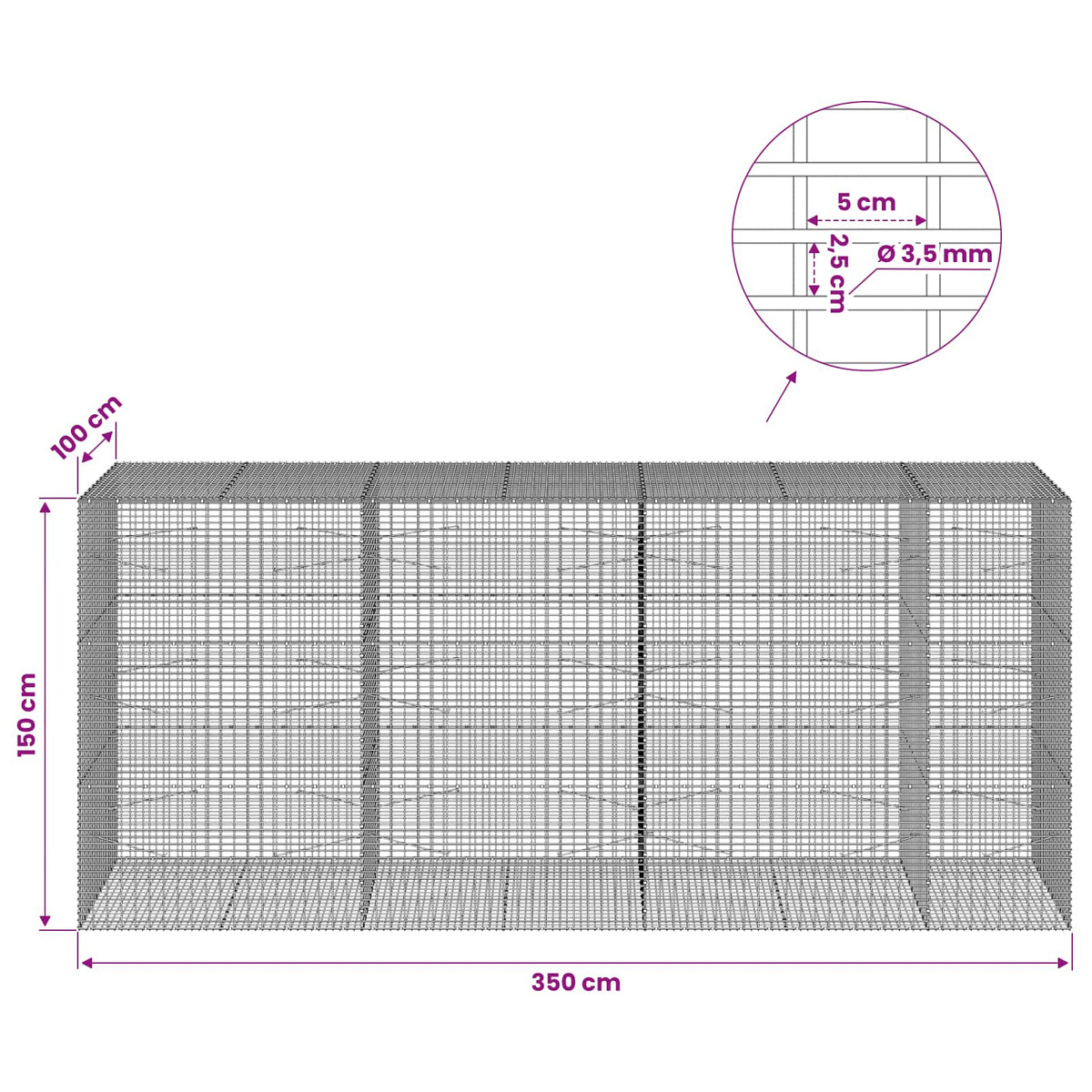 Γκαμπιόν με σύρμα 3,5 χλστ και πλέγμα 5x2,5 εκ 350x100x150 εκ. - Pakobazaar