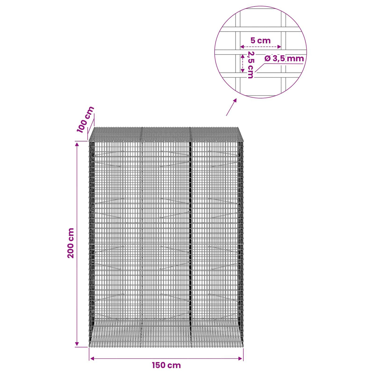 Γκαμπιόν με σύρμα 3,5 χλστ και πλέγμα 5x2,5 εκ 150x100x200 εκ. - Pakobazaar