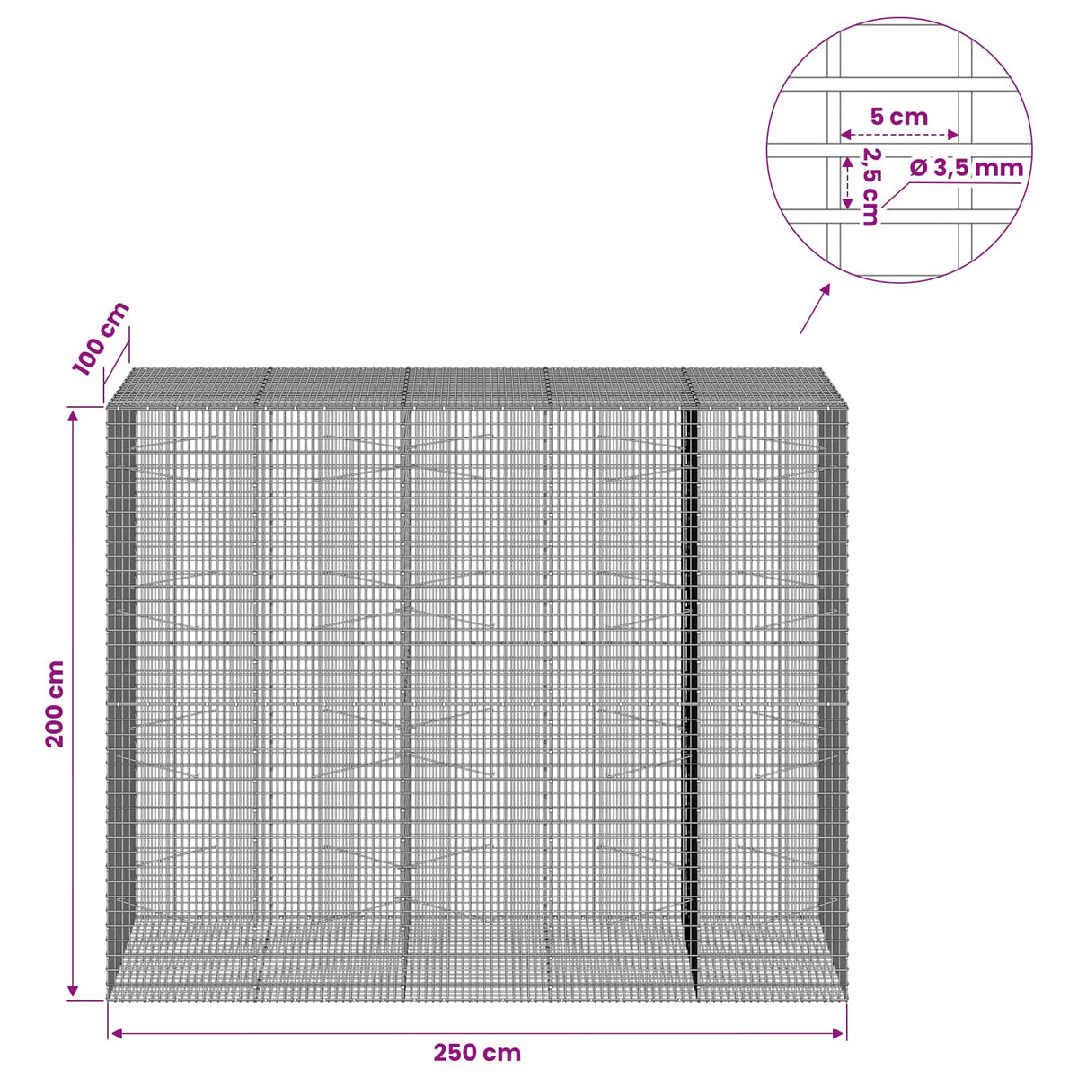 Γκαμπιόν με σύρμα 3,5 χλστ και πλέγμα 5x2,5 εκ 250x100x200 εκ. - Pakobazaar