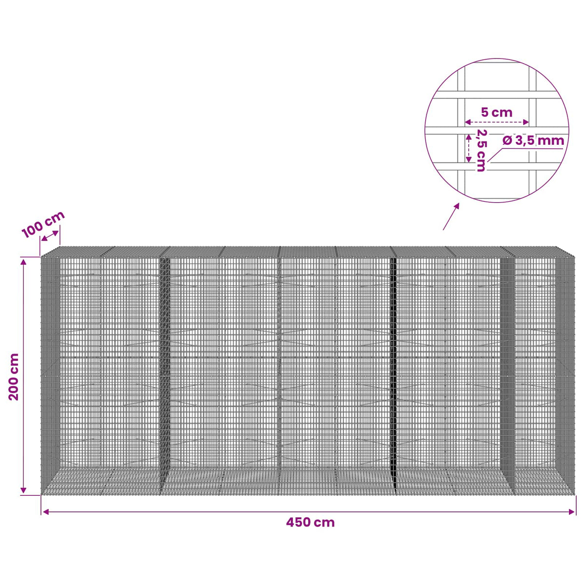 Γκαμπιόν με σύρμα 3,5 χλστ και πλέγμα 5x2,5 εκ 450x100x200 εκ - Pakobazaar