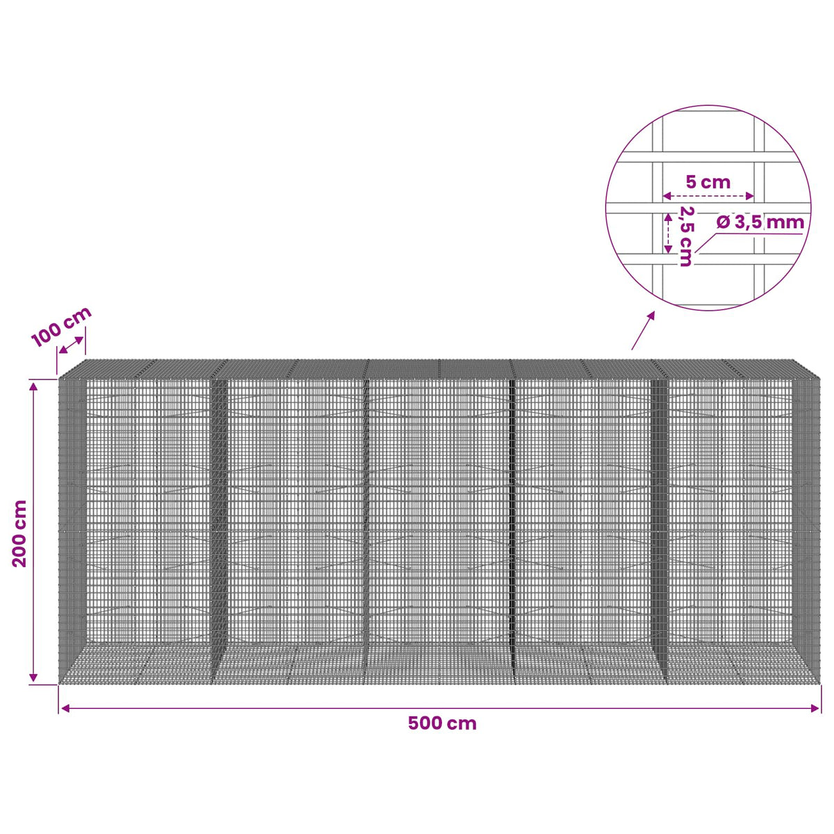 Γκαμπιόν με σύρμα 3,5 χλστ και πλέγμα 5x2,5 εκ 500x100x200 εκ