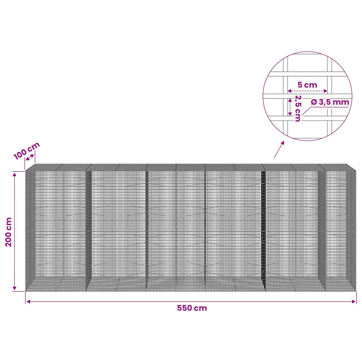 Γκαμπιόν με σύρμα 3,5 χλστ και πλέγμα 5x2,5 εκ 550x100x200 εκ.