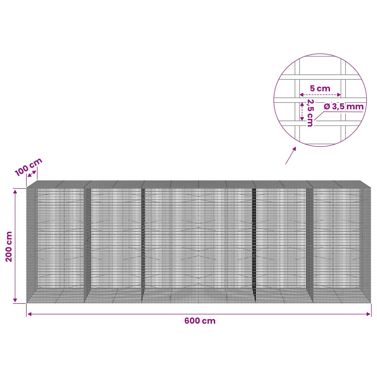Γκαμπιόν με σύρμα 3,5 χλστ και πλέγμα 5x2,5 εκ 600x100x200 εκ - Pakobazaar