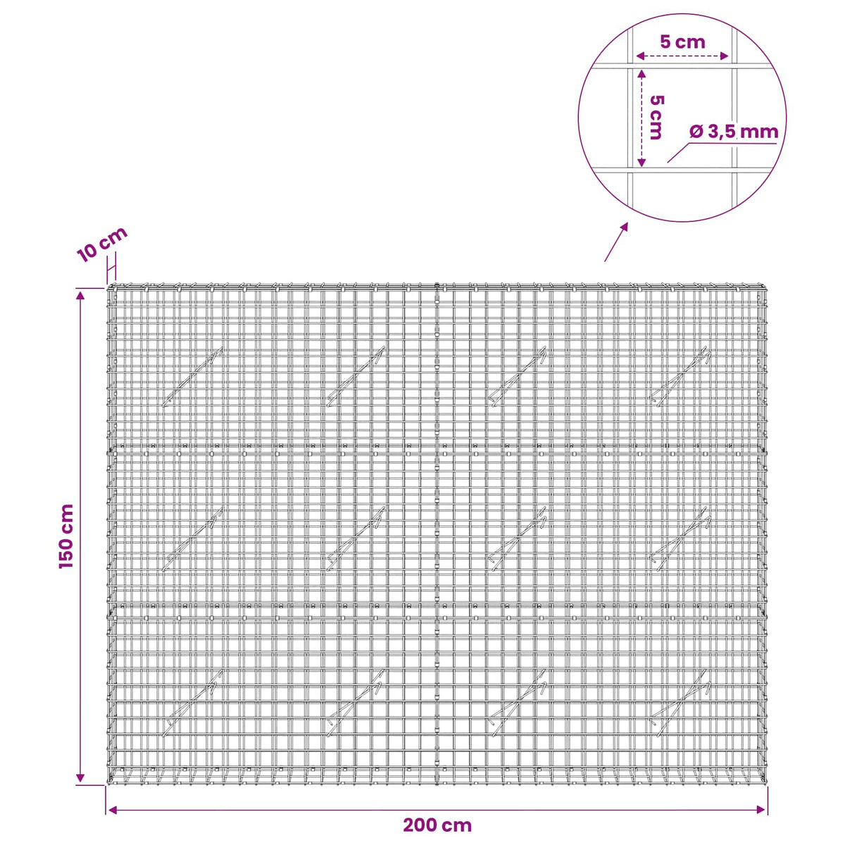 Γκαμπιόν με Σύρμα 3,5 mm και Πλέγμα 5x5 cm 200x10x150 εκ - Pakobazaar