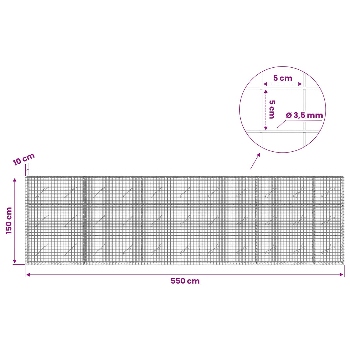 Γκαμπιόν με Σύρμα 3,5 mm και Πλέγμα 5x5 cm 550x10x150 εκ - Pakobazaar
