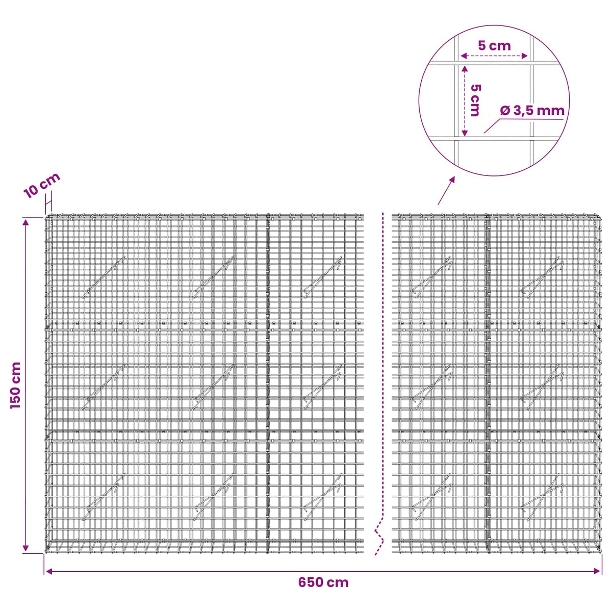 Γκαμπιόν με Σύρμα 3,5 mm και Πλέγμα 5x5 cm 650x10x150 εκ - Pakobazaar