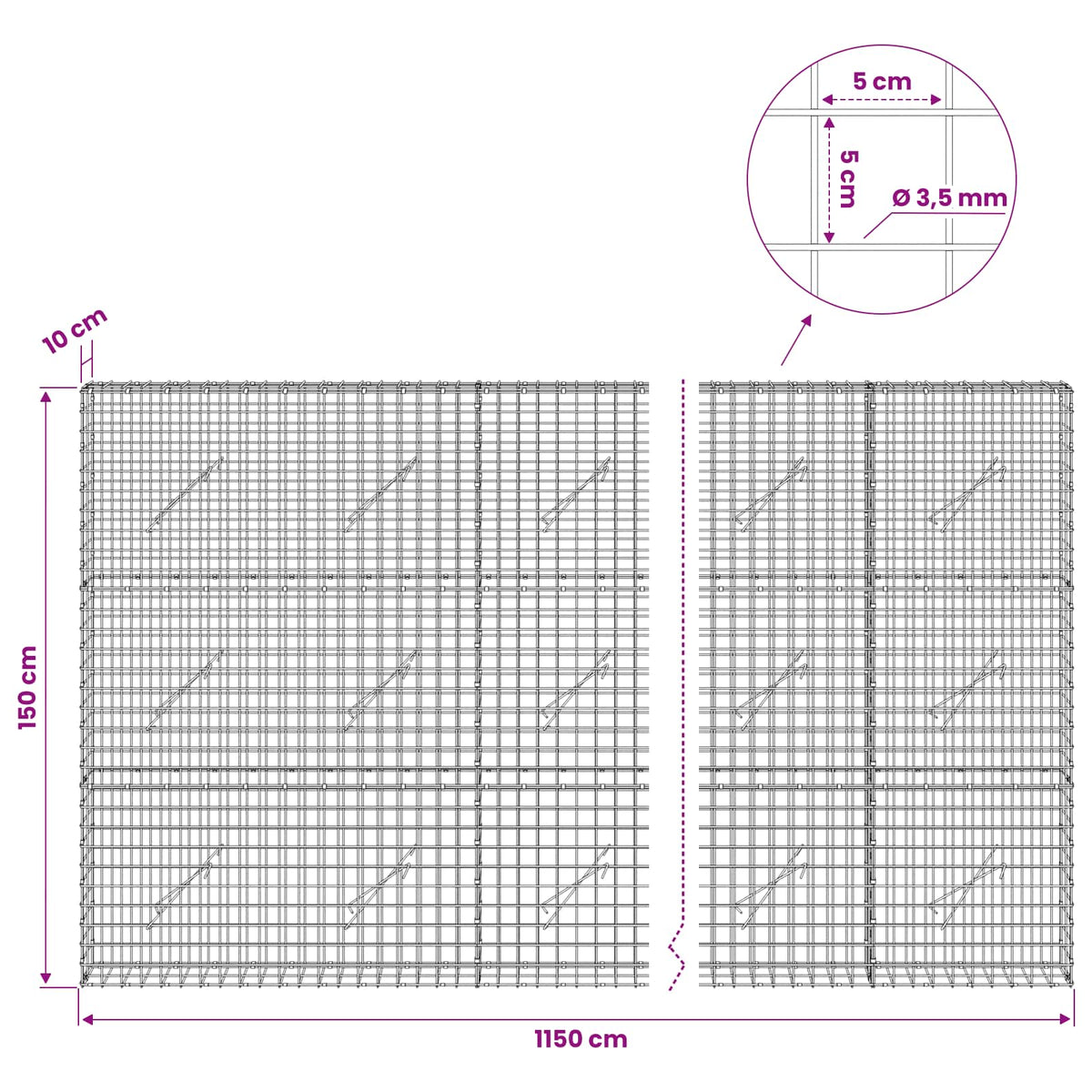 Γκαμπιόν με Σύρμα 3,5 mm και Πλέγμα 5x5 cm 1150x10x150 εκ - Pakobazaar