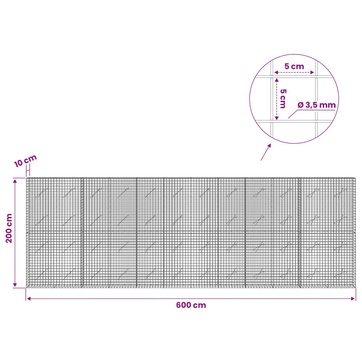Γκαμπιόν με Σύρμα 3,5 mm και Πλέγμα 5x5 cm 600x10x200 εκ