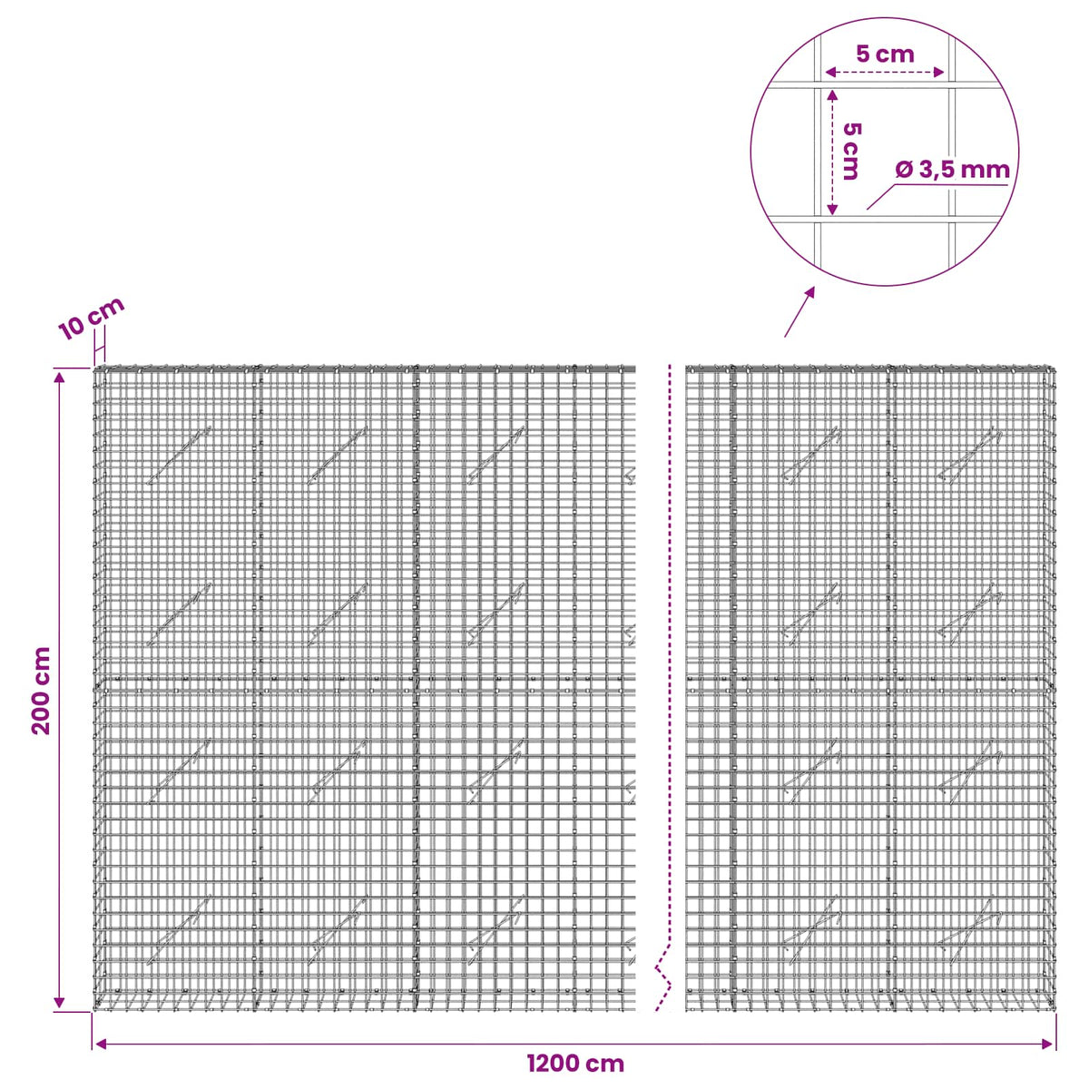 Γκαμπιόν με Σύρμα 3,5 mm και Πλέγμα 5x5 cm 1200x10x200 εκ - Pakobazaar