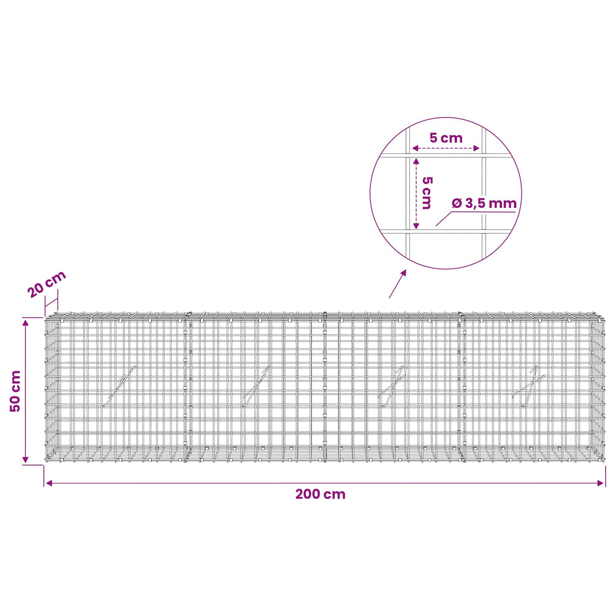 Γκαμπιόν με Σύρμα 3,5 mm και Πλέγμα 5x5 cm 200x20x50 εκ