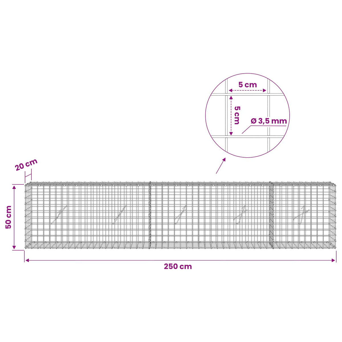 Γκαμπιόν με Σύρμα 3,5 mm και Πλέγμα 5x5 cm 250x20x50 εκ - Pakobazaar