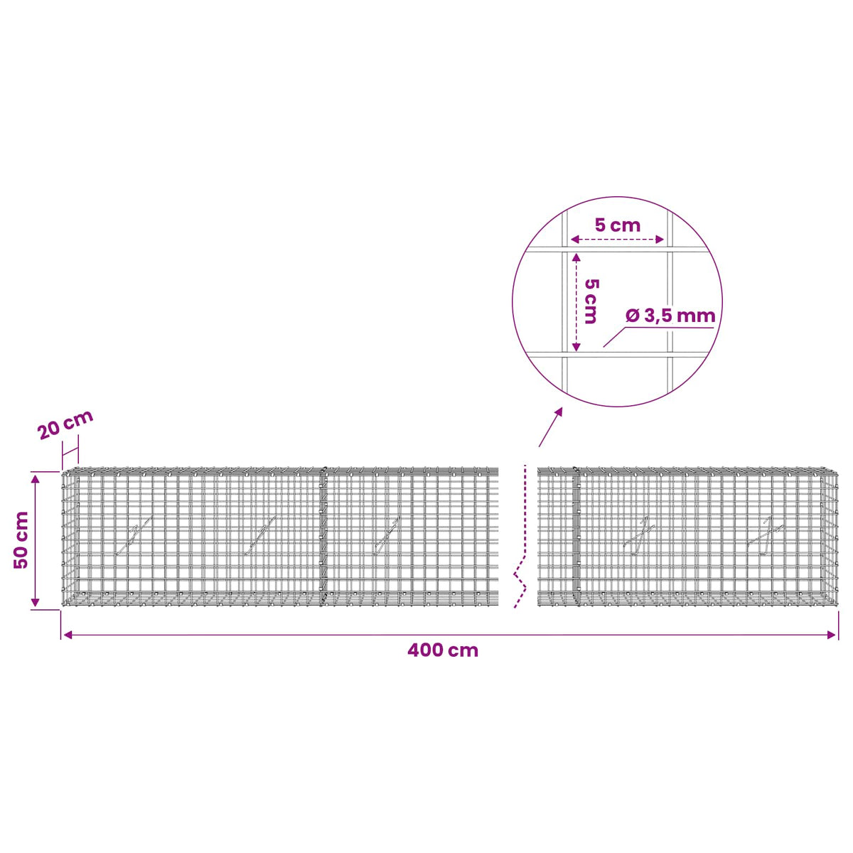 Γκαμπιόν με Σύρμα 3,5 mm και Πλέγμα 5x5 cm 400x20x50 εκ