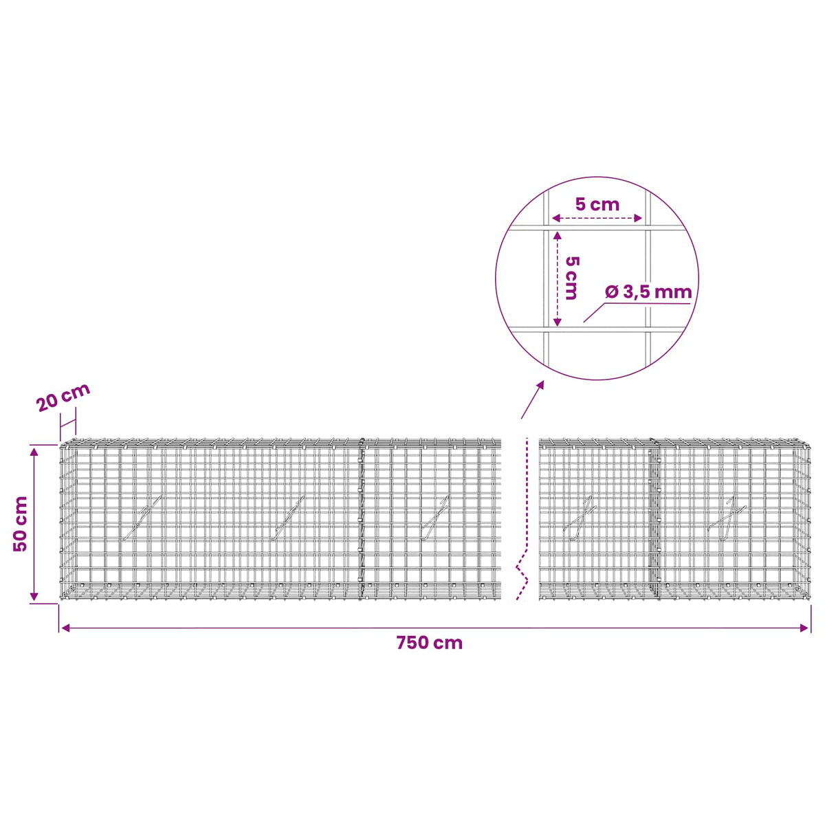 Γκαμπιόν με Σύρμα 3,5 mm και Πλέγμα 5x5 cm 750x20x50 εκ