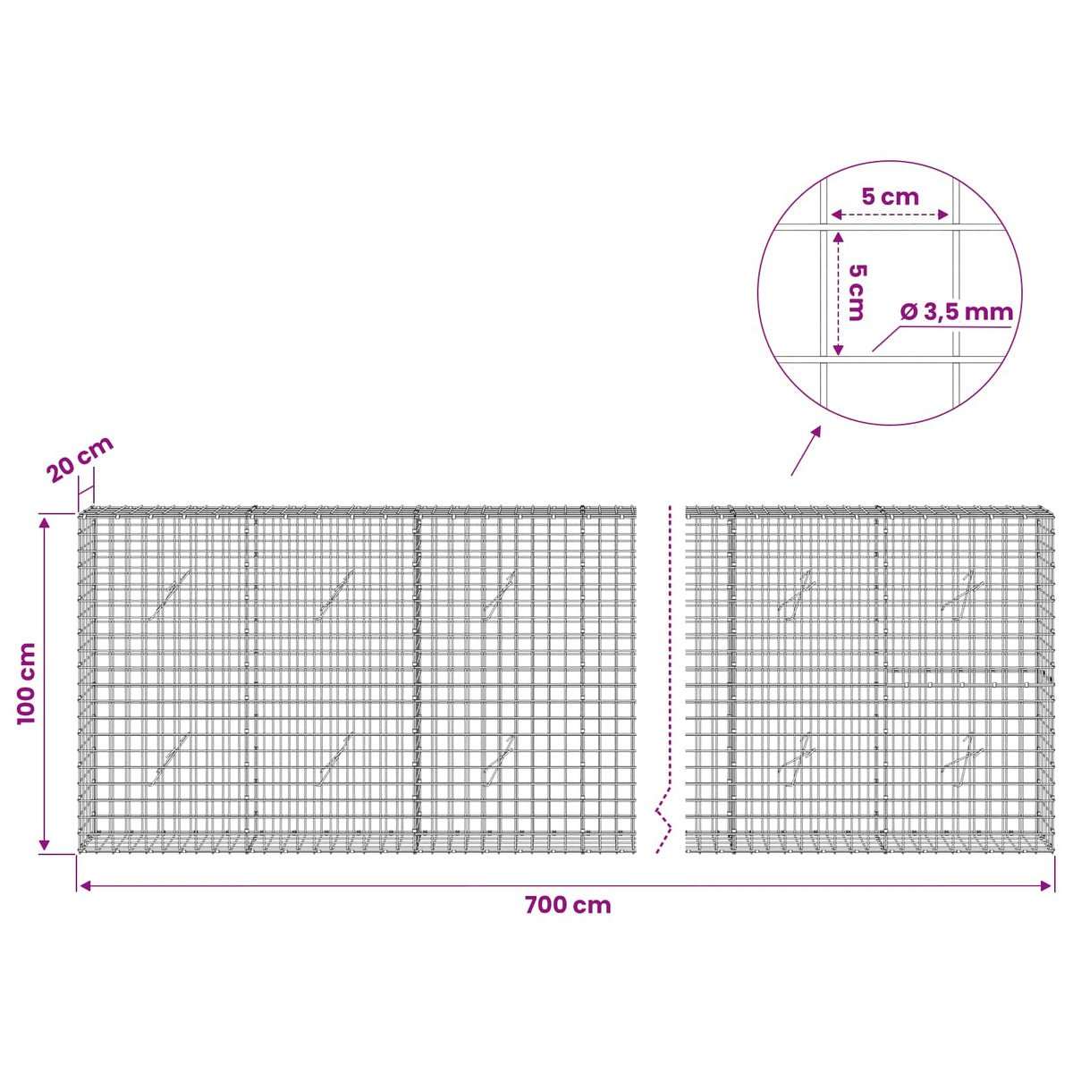 Γκαμπιόν με Σύρμα 3,5 mm και Πλέγμα 5x5 cm 700x20x100 εκ - Pakobazaar