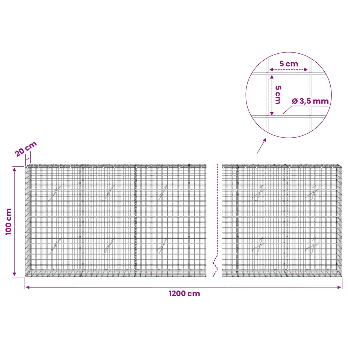 Γκαμπιόν με Σύρμα 3,5 mm και Πλέγμα 5x5 cm 1200x20x100 εκ - Pakobazaar