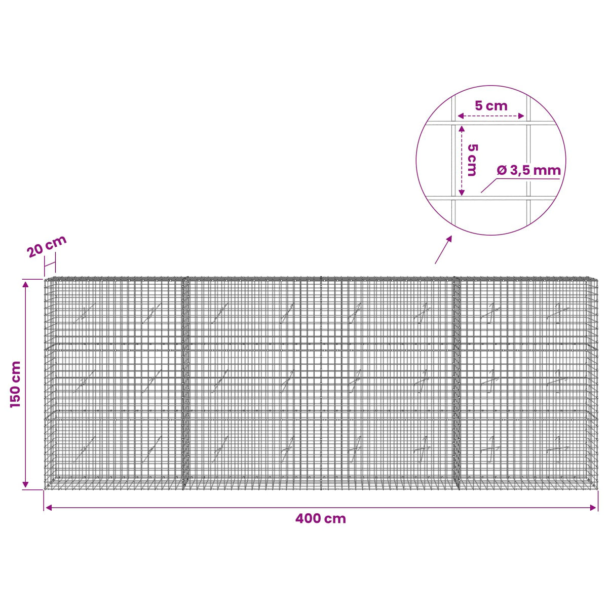 Γκαμπιόν με Σύρμα 3,5 mm και Πλέγμα 5x5 cm 400x20x150 εκ - Pakobazaar
