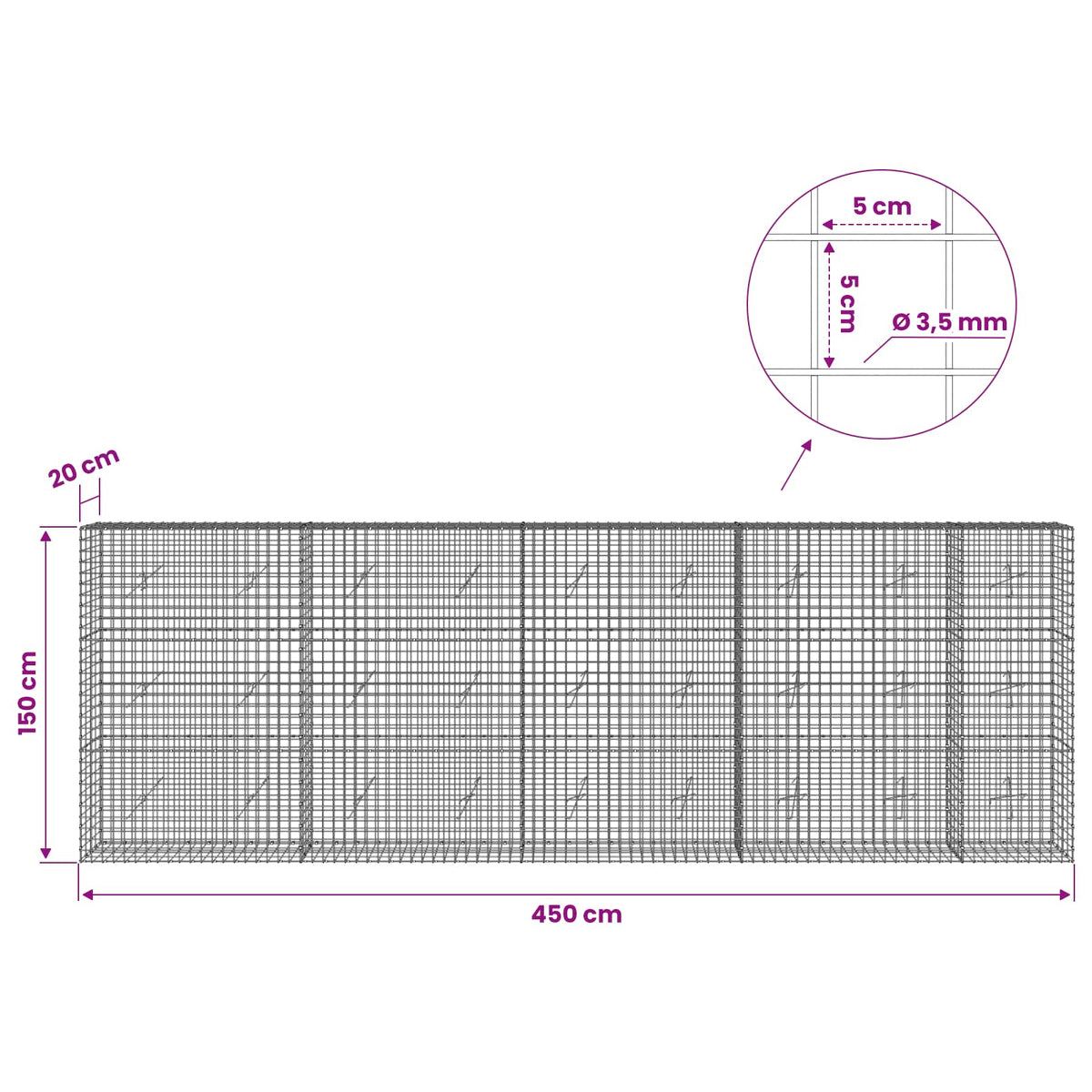 Γκαμπιόν με Σύρμα 3,5 mm και Πλέγμα 5x5 cm 450x20x150 εκ - Pakobazaar