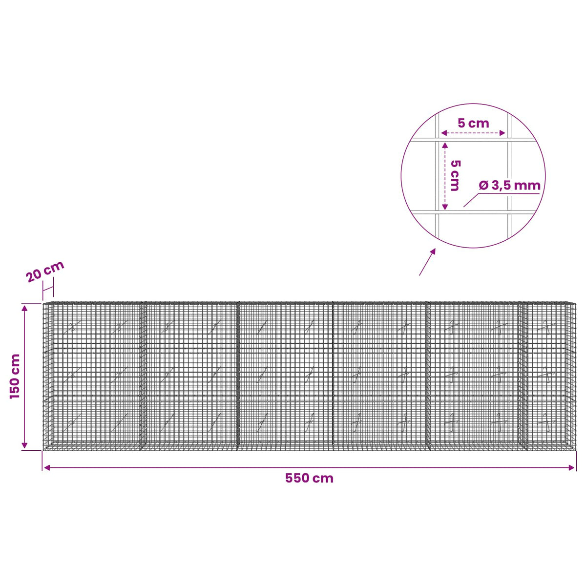 Γκαμπιόν με Σύρμα 3,5 mm και Πλέγμα 5x5 cm 550x20x150 εκ - Pakobazaar
