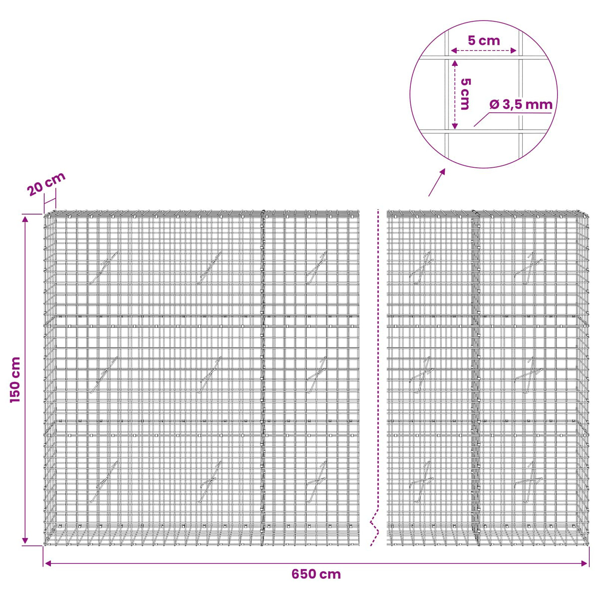 Γκαμπιόν με Σύρμα 3,5 mm και Πλέγμα 5x5 cm 650x20x150 εκ