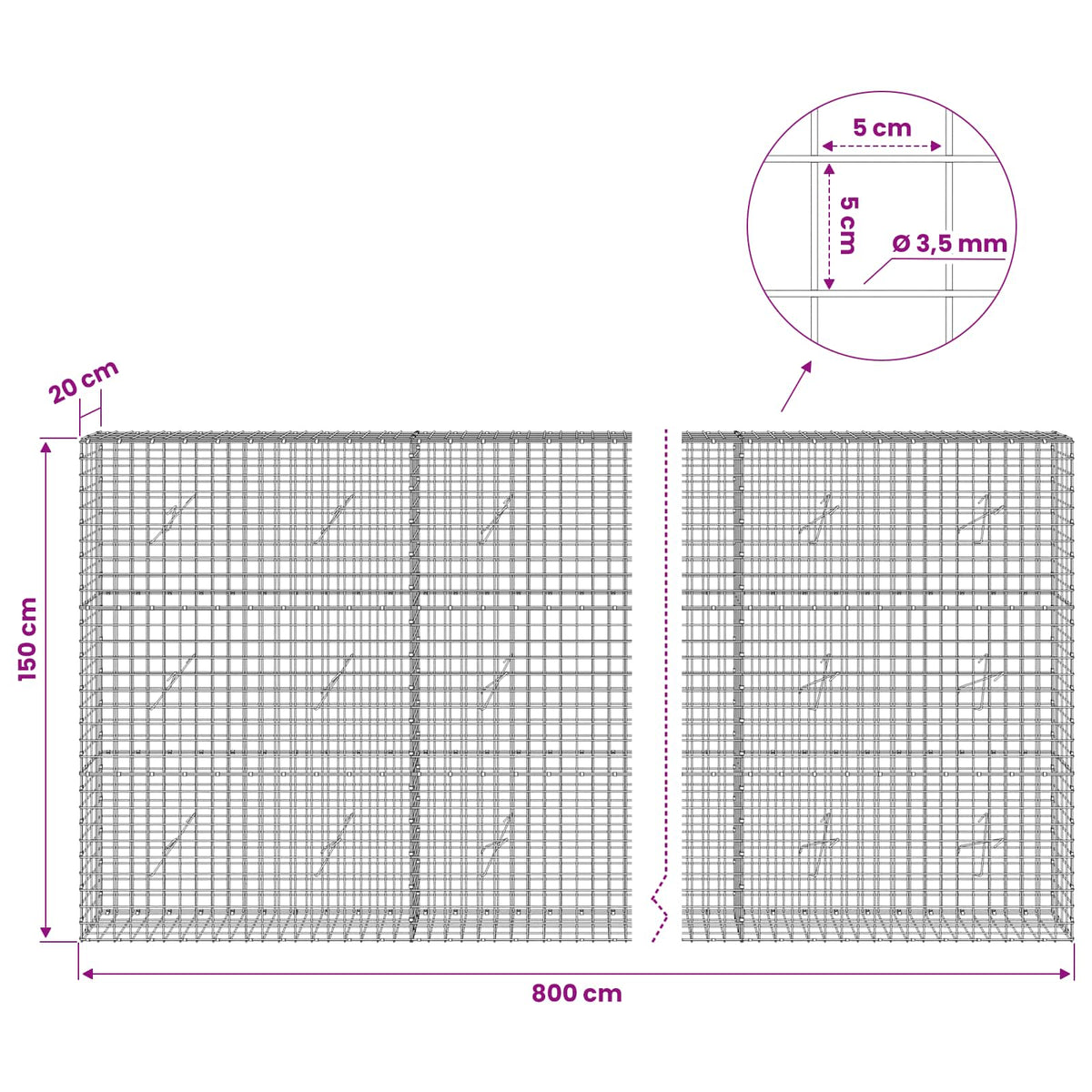 Γκαμπιόν με Σύρμα 3,5 mm και Πλέγμα 5x5 cm 800x20x150 εκ - Pakobazaar