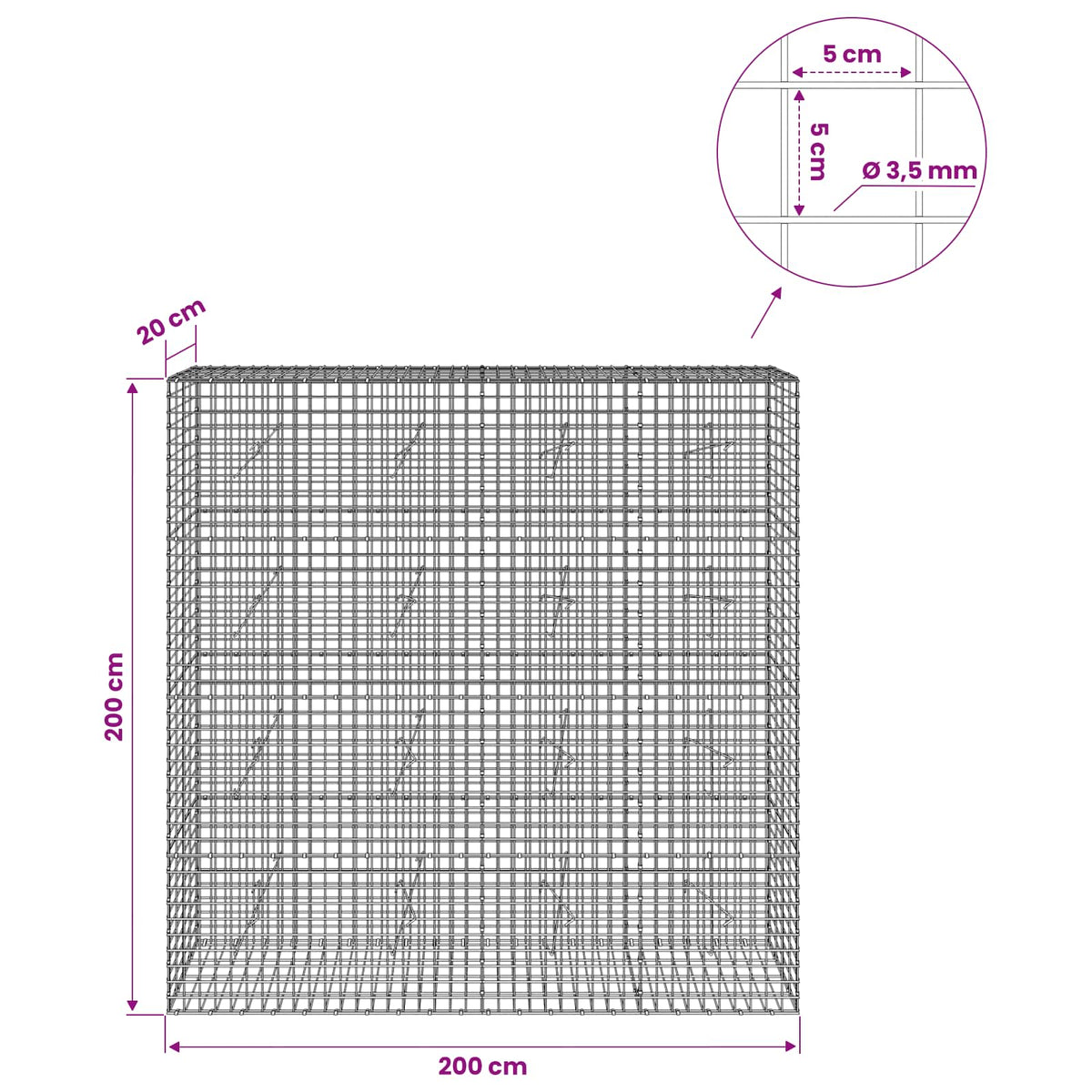 Γκαμπιόν με Σύρμα 3,5 mm και Πλέγμα 5x5 cm 200x20x200 εκ - Pakobazaar