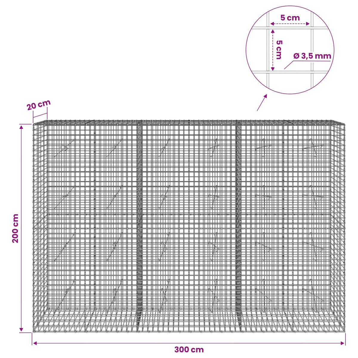 Γκαμπιόν με Σύρμα 3,5 mm και Πλέγμα 5x5 cm 300x20x200 εκ - Pakobazaar