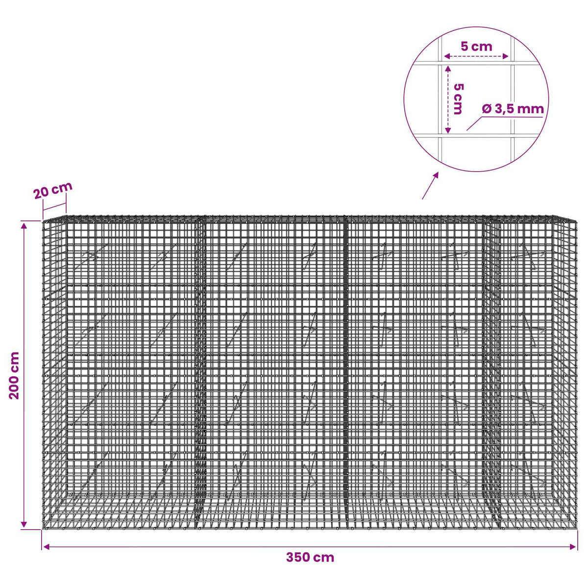 Γκαμπιόν με Σύρμα 3,5 mm και Πλέγμα 5x5 cm 350x20x200 εκ. - Pakobazaar