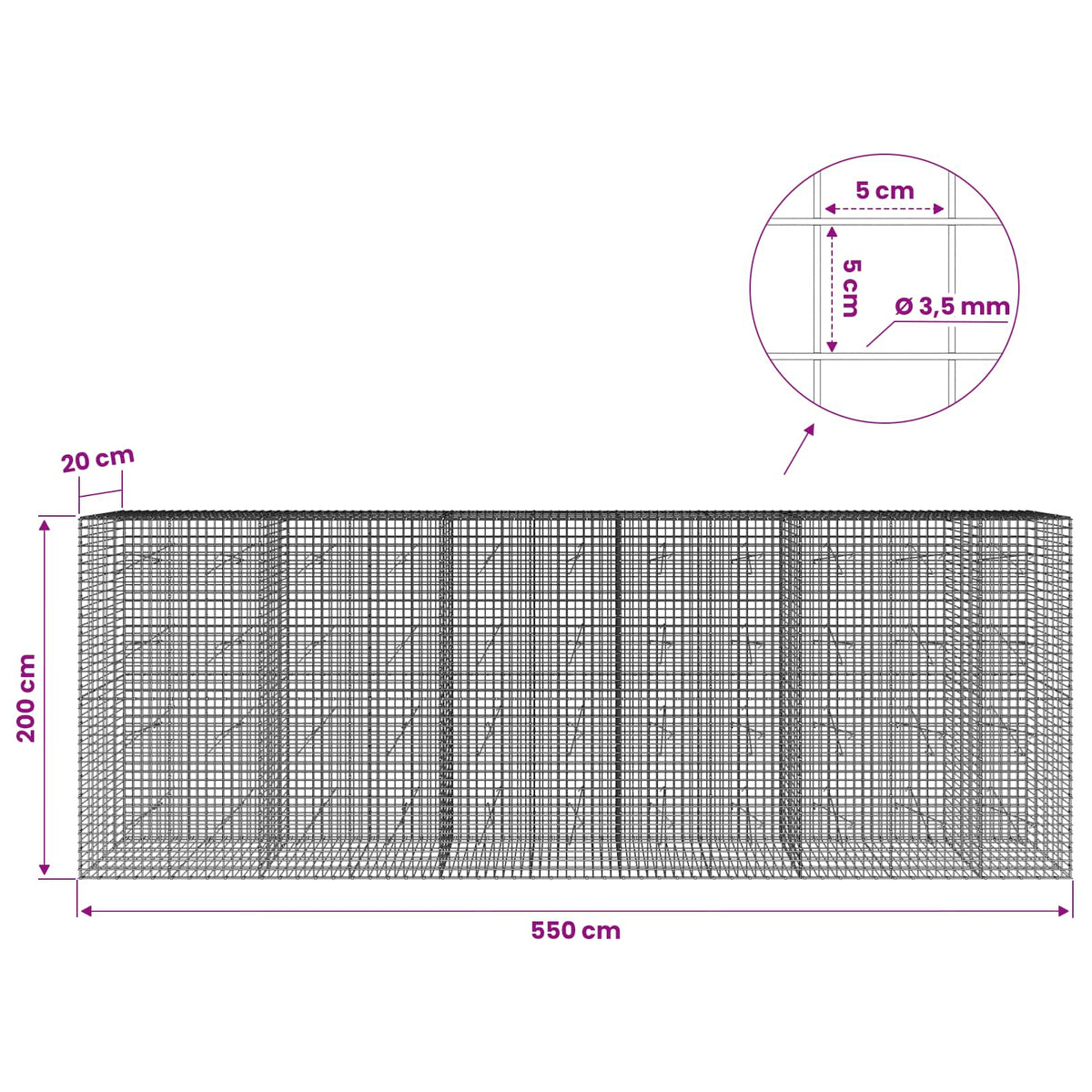 Γκαμπιόν με Σύρμα 3,5 mm και Πλέγμα 5x5 cm 550x20x200 εκ - Pakobazaar