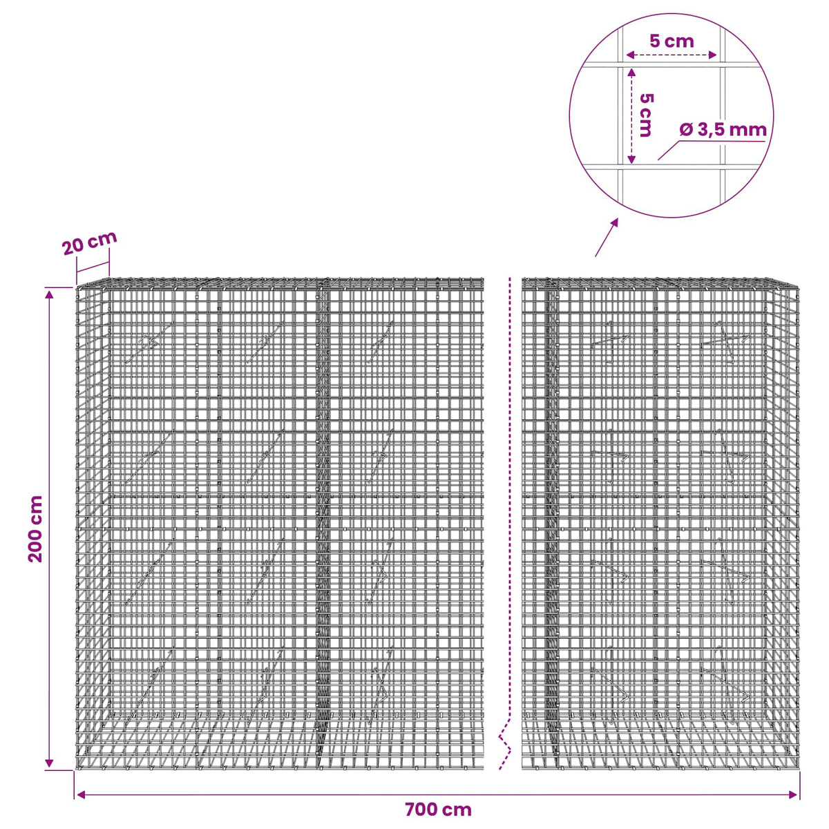 Γκαμπιόν με Σύρμα 3,5 mm και Πλέγμα 5x5 cm 700x20x200 εκ - Pakobazaar