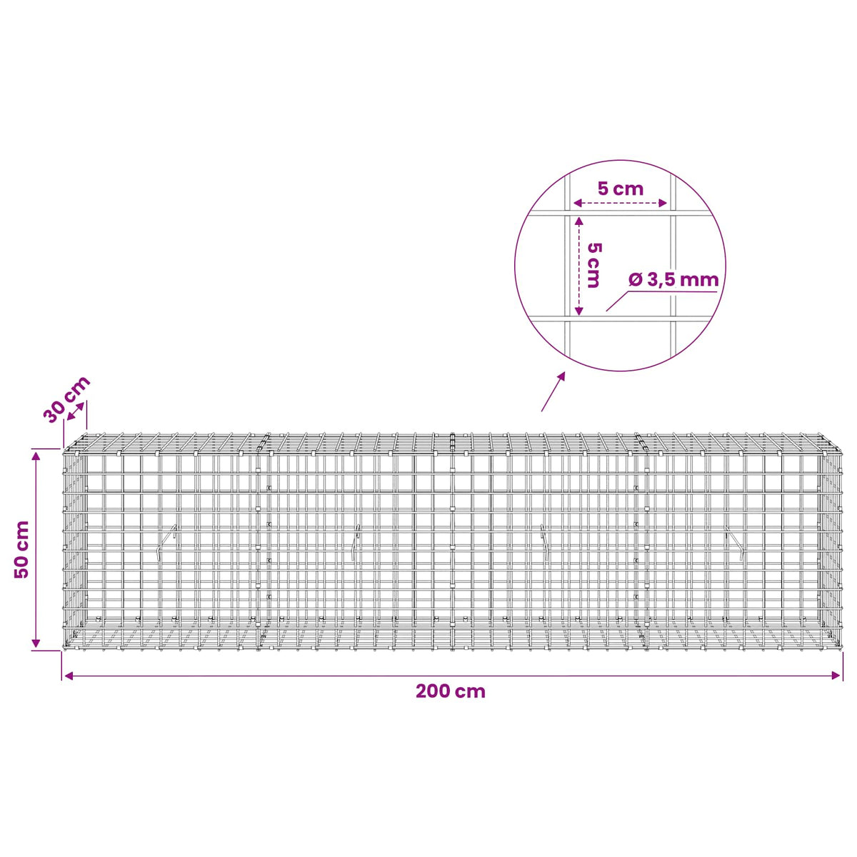 Γκαμπιόν με Σύρμα 3,5 mm και Πλέγμα 5x5 cm 200x30x50 εκ - Pakobazaar